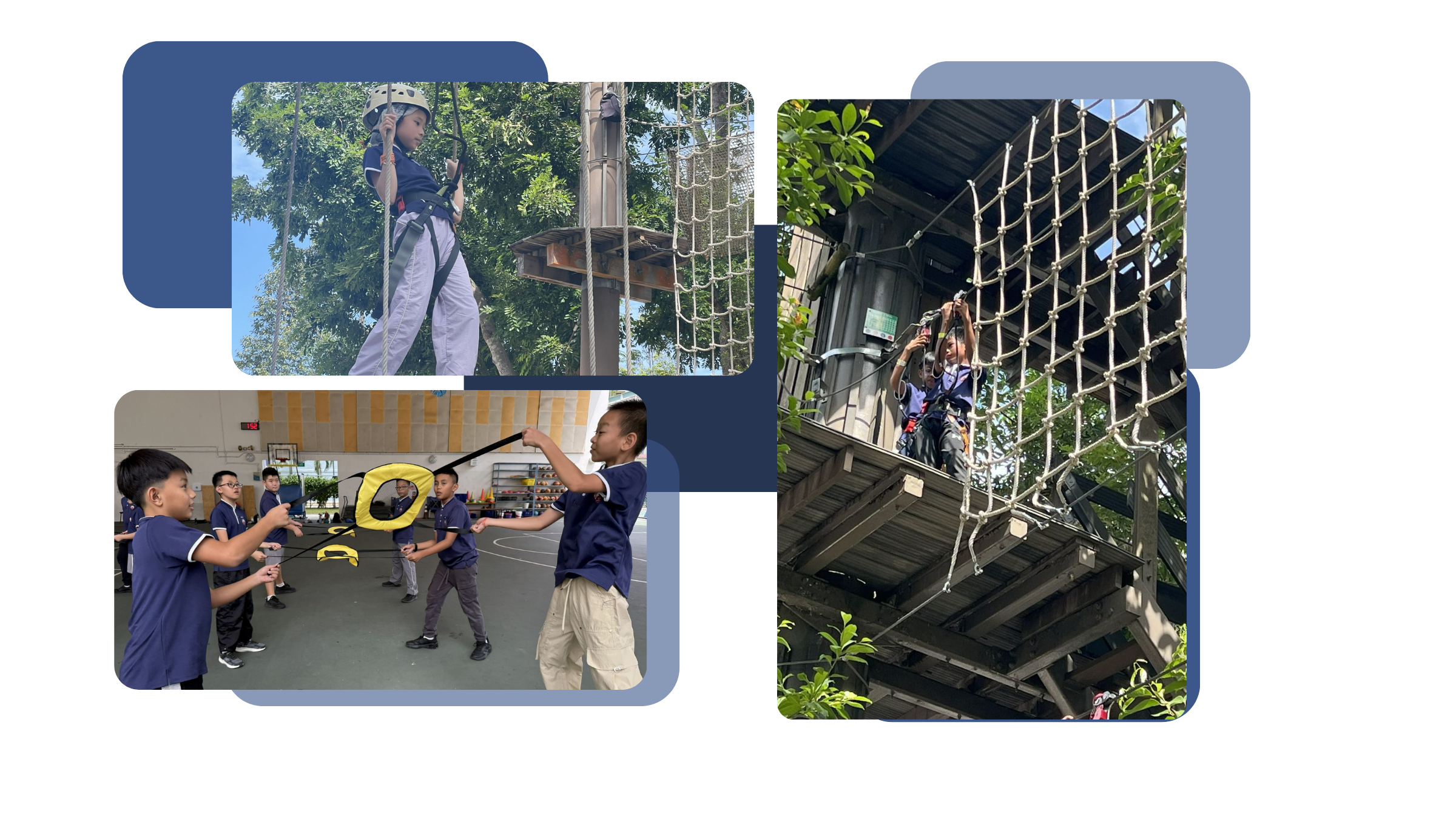 P5 students participating in Level Up! Games, with a student in a helmet and harness on a high ropes course, another student clipping onto a zip line on an elevated platform, and students playing a team game with a yellow ring and bungee cord in a gym.
